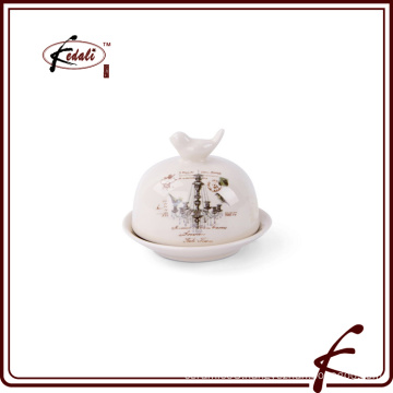 Ceramic butter Dish with decal pattern Bird on lid decorative